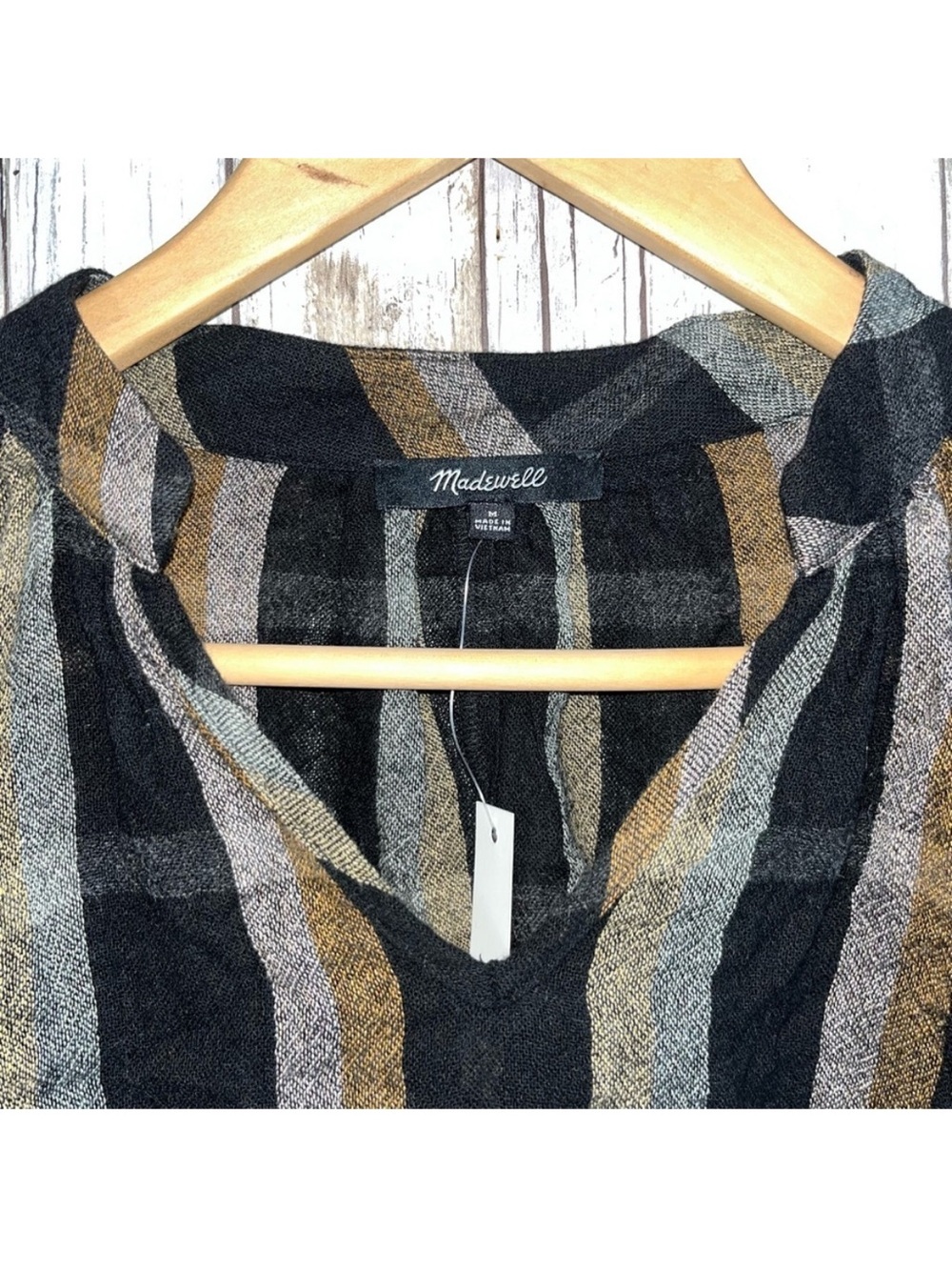 Madewell Highroad Popover Top Black Tan Stripe NWT Size M Lightweight Blouse - Picture 5 of 6